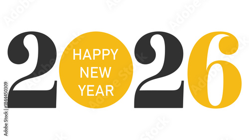 2026 happy new year modern typography design with bold numbers and circular badge text in minimal festive style on light background