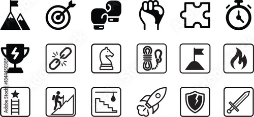 Challenge icon set showing goal, target, obstacle and achievement symbols in bold vector style isolated.