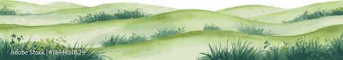 Watercolor painting of a seamless grassy landscape border with rolling green hills and soft foliage on a clean white background