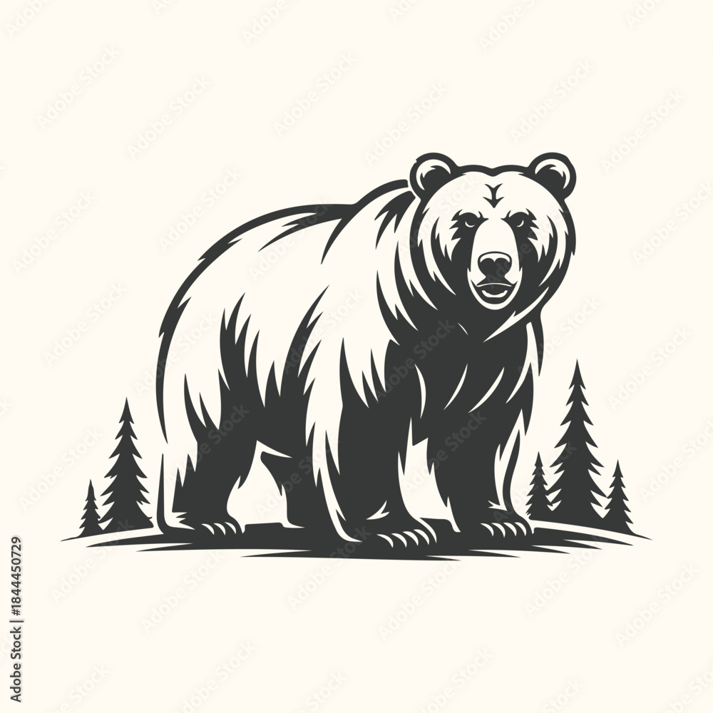 Obraz premium Grizzly Bear Standing Among Pine Trees Silhouette bear, grizzly bear, wildlife, animal