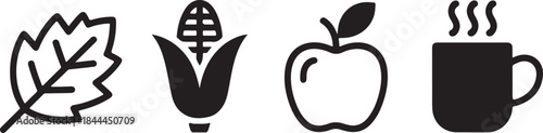 Black autumn harvest and cozy warm beverage icons featuring a leaf corn apple and steaming mug set
