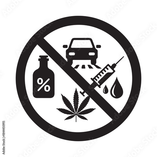 Prohibition symbol depicting restrictions on vehicles drugs alcohol and other substances