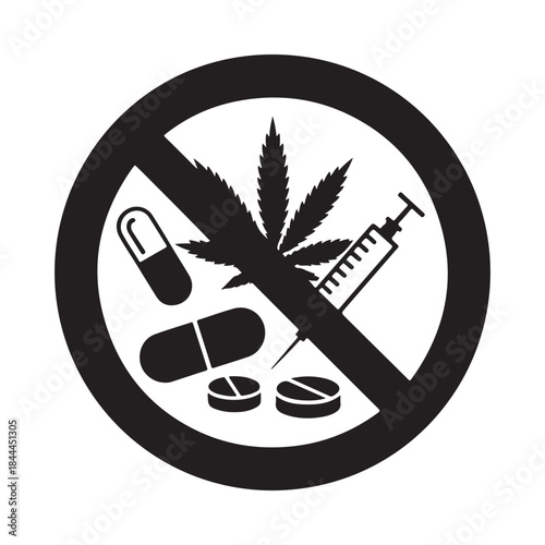 Prohibition symbol featuring marijuana pills and a syringe with a red slash