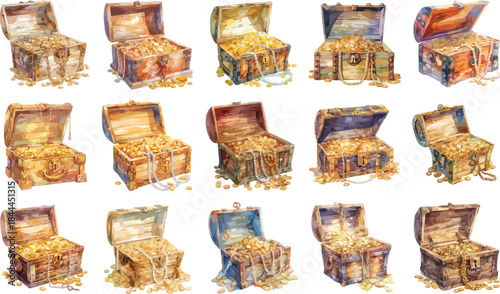 Watercolor Treasure Chest with Gold Coins Clipart Set