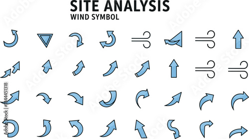 Collection of blue arrow and wind symbols for site analysis and navigation icon