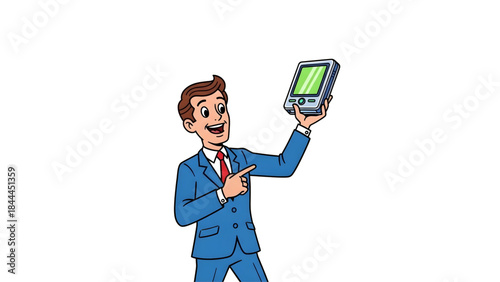 Man in suit presenting a gadget and pointing with finger, isolated on white background