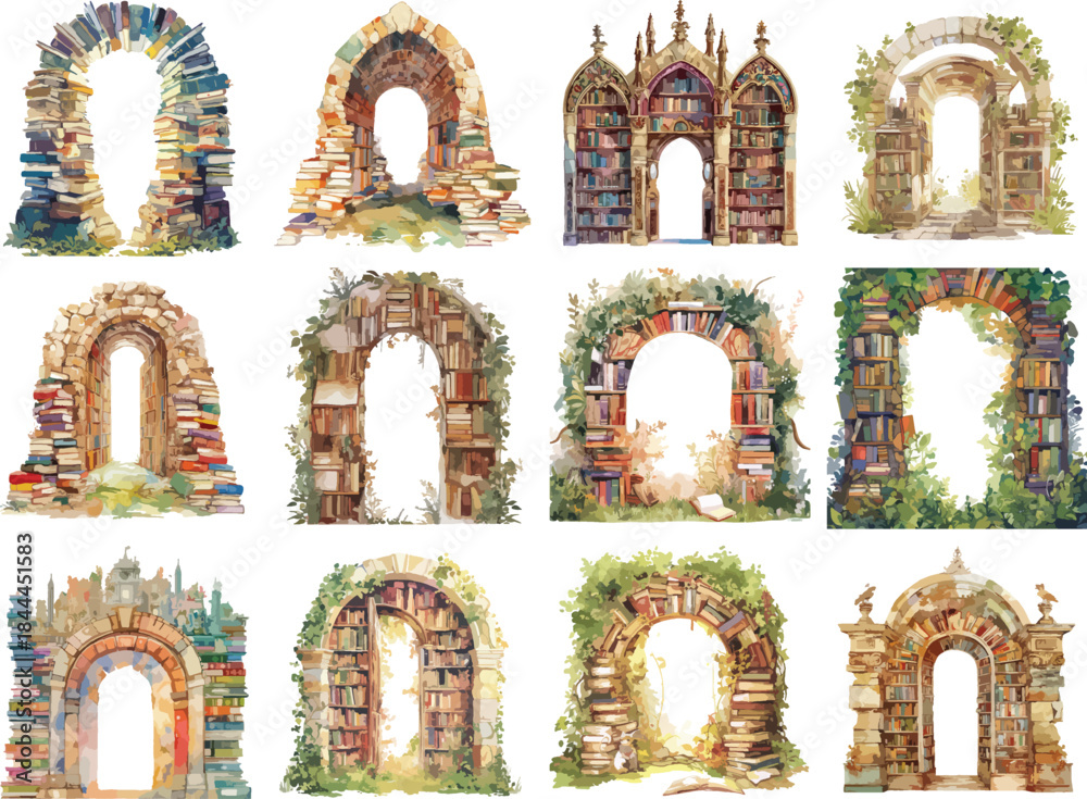 Naklejka premium Book Arched Portal watercolor clipart