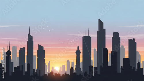 City Skyline Silhouette at Sunset Time.