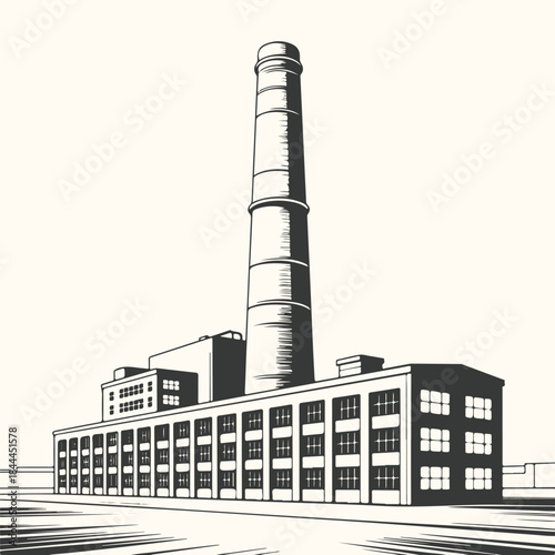 Industrial Factory Building With Tall Chimney And Windows smokestack