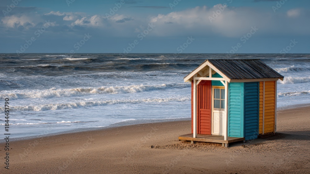 Obraz premium A colorful beach hut on a quiet summer beach, with the ocean waves in the background.