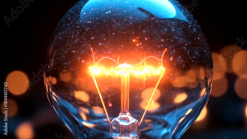 Close up of a glowing incandescent light bulb with a warm filament and bokeh background.