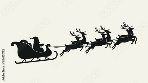 A black silhouette of Santa Claus in his sleigh pulled by five flying reindeer against a light background, depicting a classic Christmas scene.