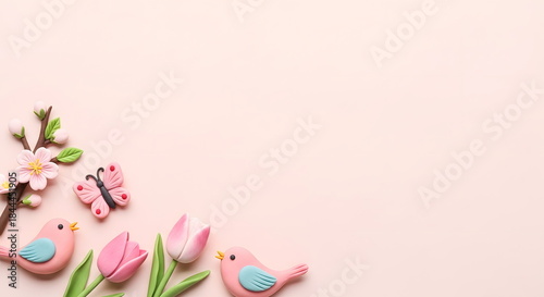 春の桜とチューリップと蝶のかわいいクレイアートフレーム背景