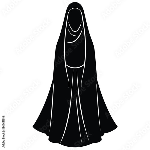 Elegant muslim women in black abayas and hijabs fashionably posed for artistic representation Flat design vector illustration white background.