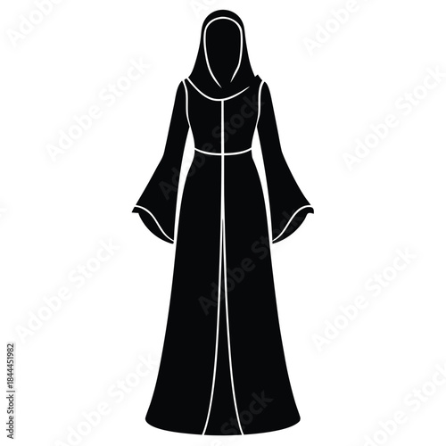 Elegant muslim women in black abayas and hijabs fashionably posed for artistic representation Flat design vector illustration white background.