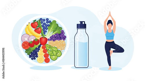Woman Practicing Yoga with Healthy Food.