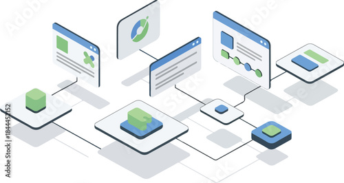 Isometric illustration of interconnected digital systems with data analysis windows and abstract computing elements.