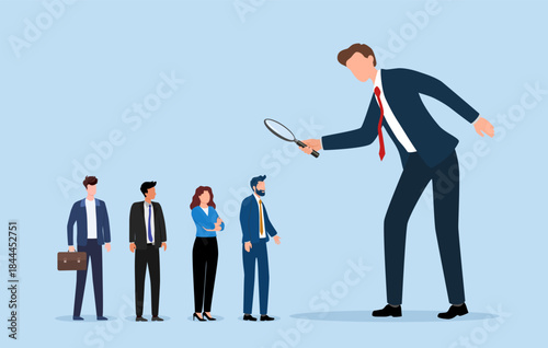 Recruitment searching the best candidate or job, Human resources, head hunt, choosing talent for job vacancy concept, employer boss or HR use magnifying glass to choose job interview people