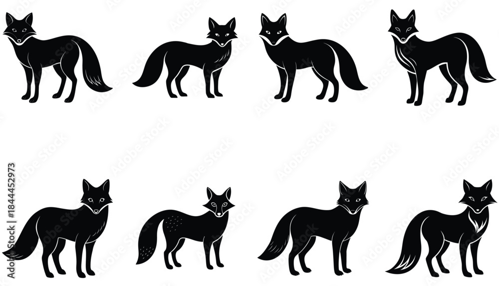 Obraz premium Set walking and standing dog silhouette. Vector black icon