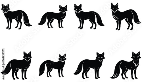 Set walking and standing dog silhouette. Vector black icon