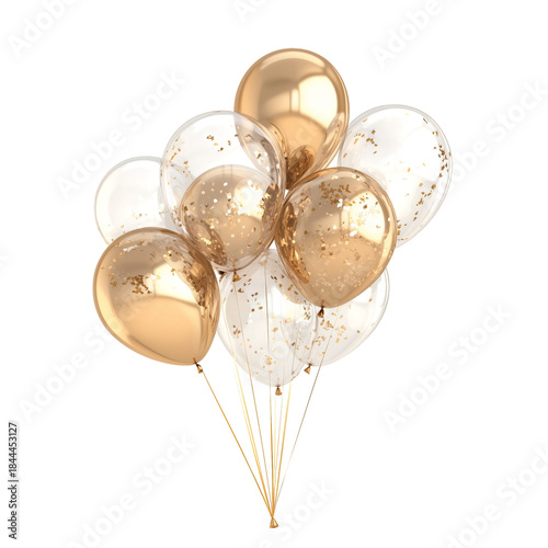 Balloons in Gold and White Colors Float Together in a Cluster for a Celebrati...