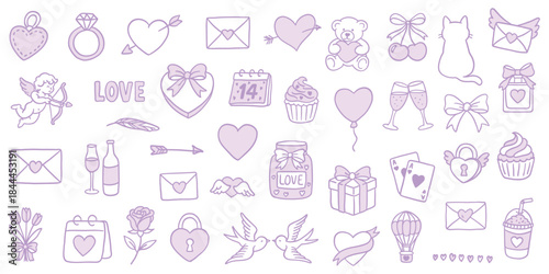 Valentine's Day love doodle set. Hand drawn vector illustration with hearts, Cupid, gifts, teddy bear, love letters, and wedding ring icons.