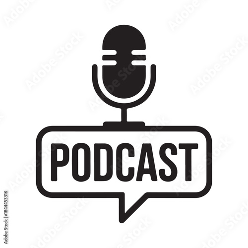 A minimalist black and white podcast icon featuring a microphone and speech bubble