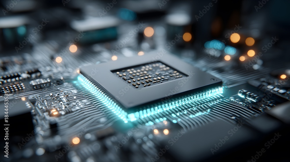 Obraz premium Close-up reveals a high-tech computer CPU chip on a motherboard with glowing blue neon circuits symbolizing data processing power.