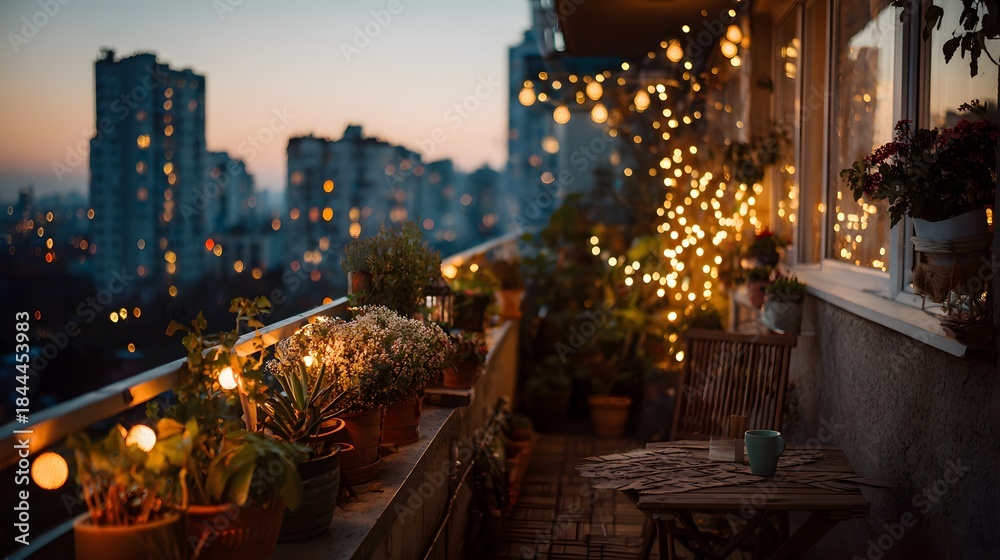 Obraz premium Cozy apartment balcony at dusk features potted plants wrapped in warm fairy lights while city lights twinkle in the distant view.