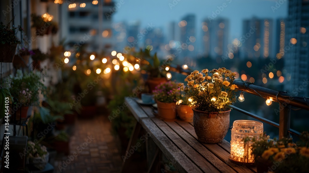 Obraz premium Cozy apartment balcony at dusk features potted plants wrapped in warm fairy lights while city lights twinkle in the distant view.