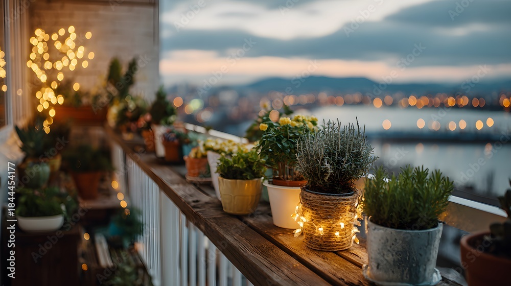 Obraz premium Cozy apartment balcony at dusk features potted plants wrapped in warm fairy lights while city lights twinkle in the distant view.