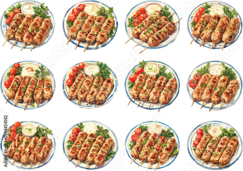 Watercolor Grilled Kofta Kebab on Plate Clipart Set