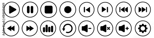Media player interface vector icons set audio video music playback control multimedia play pause stop record rewind forward isolated