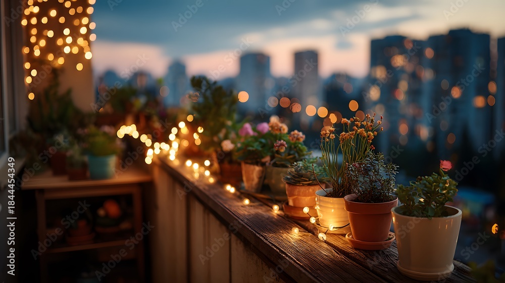 Obraz premium Cozy apartment balcony at dusk features potted plants wrapped in warm fairy lights while city lights twinkle in the distant view.