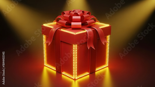 Gift box with glowing lights and red ribbon