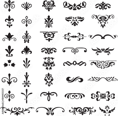 Vintage floral design elements set for ornate decoration, including frames, borders, scrolls, and calligraphic vector illustrations