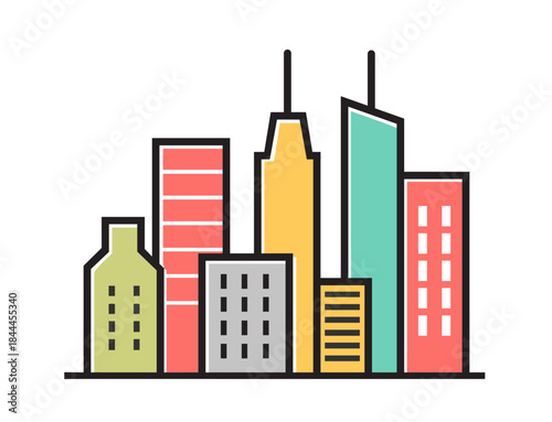 City skyline illustration featuring a collection of modern colorful buildings and skyscrapers representing urban development and growth