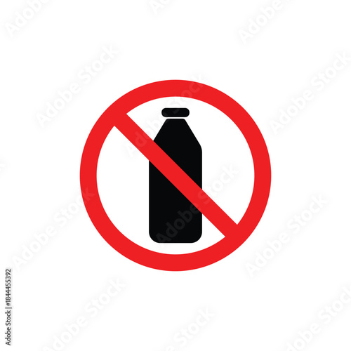Clear prohibition icon showing a bottle silhouette crossed by a bold red circle. This minimal warning symbol clearly communicates restricted drinks or no beverage policy, ideal for signs, safety rules