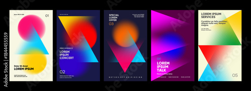 A vibrant collection of abstract posters featuring geometric shapes and gradients. Each design showcases a unique combination of colors and patterns, perfect for modern art enthusiasts and graphic
