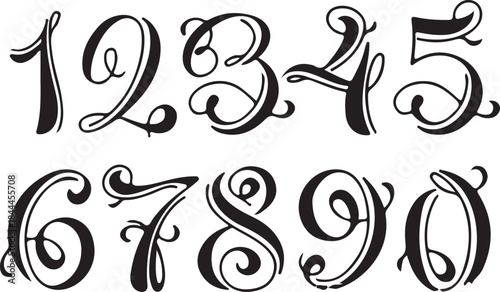 Vector alphabet set and happy new year illustration with floral swirl design elements, perfect for art, logo, and decoration