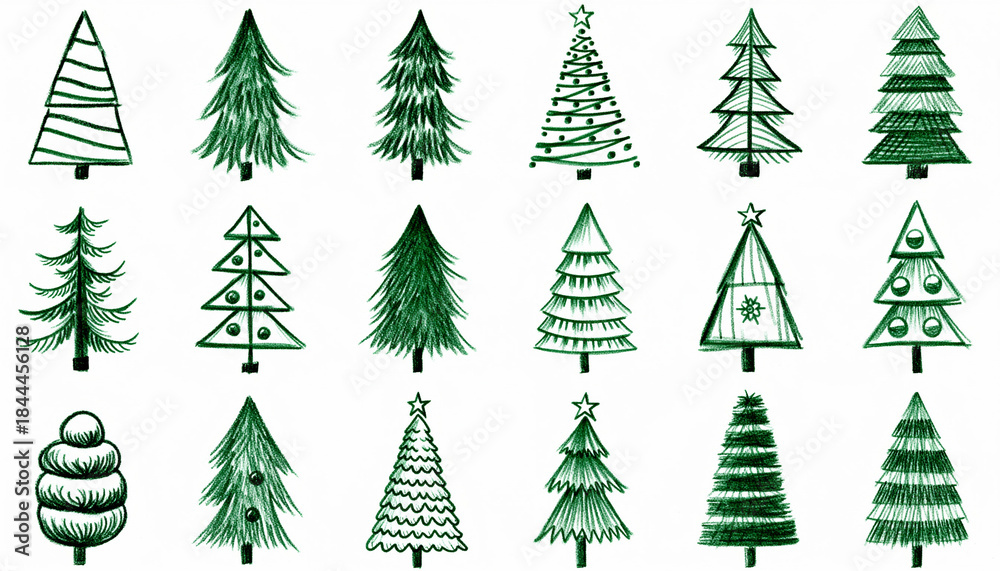 Fototapeta premium Conjunto de ilustraciones de árboles de Navidad minimalistas, estilo line art, trazos verdes a mano alzada, diseño simple y elegante, árboles abstractos con líneas curvas y espirales.
