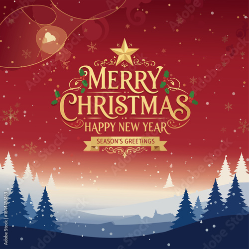 Fondo navideño elegante en rojo y dorado con tipografía de Merry Christmas y New Year, paisaje invernal, árboles, nieve y brillos dorados, ideal para tarjetas, banners y celebraciones festivas.