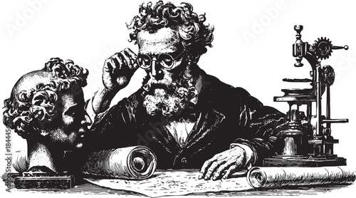 Scientist studying with tools and paper in a vintage black and white illustration set. This detailed vector artwork emphasizes a moment of intellectual inquiry.