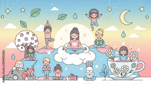 Woman meditating on a cloud surrounded by children.