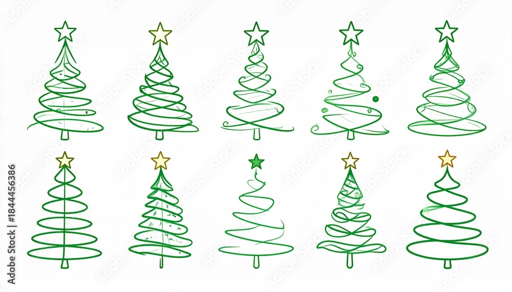 Obraz premium Conjunto de ilustraciones de árboles de Navidad minimalistas, estilo line art, trazos verdes a mano alzada, diseño simple y elegante, árboles abstractos con líneas curvas y espirales.
