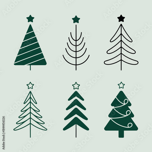 Conjunto de ilustraciones de árboles de Navidad minimalistas, estilo line art, trazos verdes a mano alzada, diseño simple y elegante, árboles abstractos con líneas curvas y espirales.