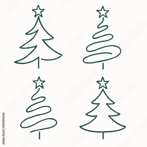 Conjunto de ilustraciones de árboles de Navidad minimalistas, estilo line art, trazos verdes a mano alzada, diseño simple y elegante, árboles abstractos con líneas curvas y espirales.