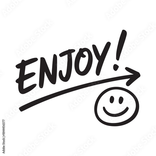 Simple black and white illustration of the word enjoy with a smiley face