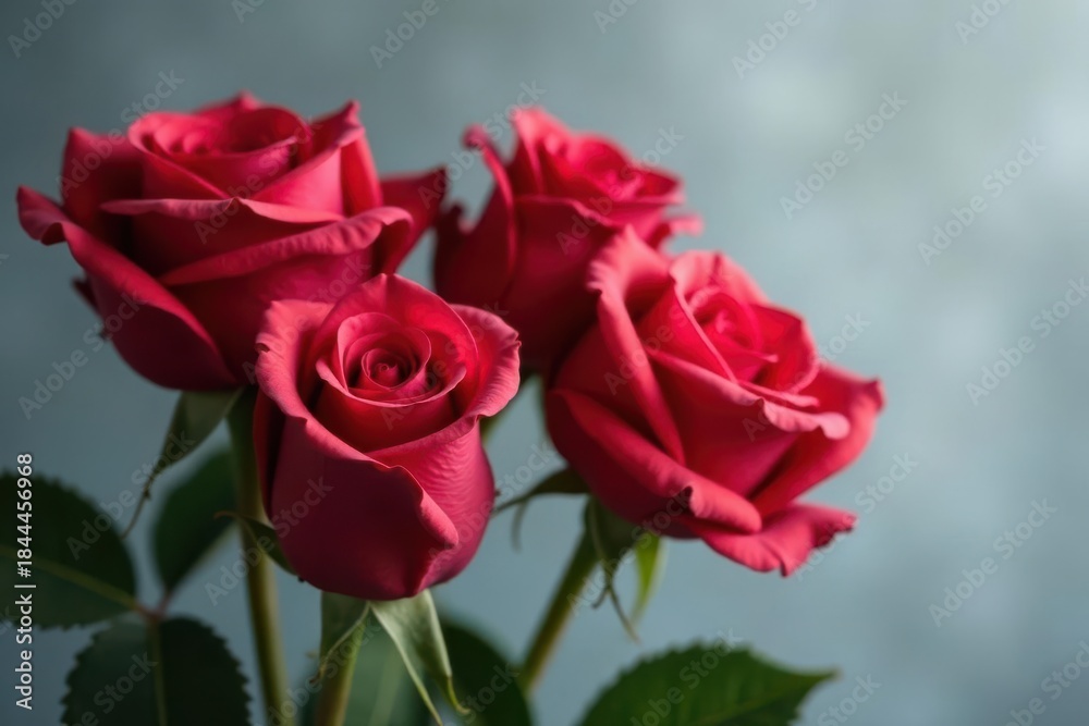 Fototapeta premium Vibrant red roses, gray backdrop, color key ready , macro, photography