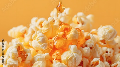 Bowl of popcorn with a drizzle of honey on top. The popcorn is yellow and white, and the honey is drizzled on top, creating a sweet and savory snack